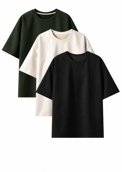 Heavyweight Oversized Solid Pack of 3 T-Olive, Off White & Black. 240 GSM
